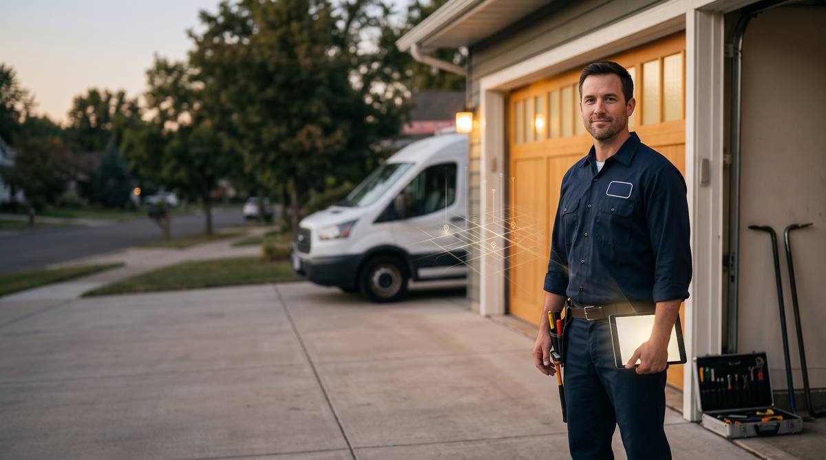 Garage door technician holding a tablet in front of a wood carriage-style garage door, with his service van in the driveway at dusk